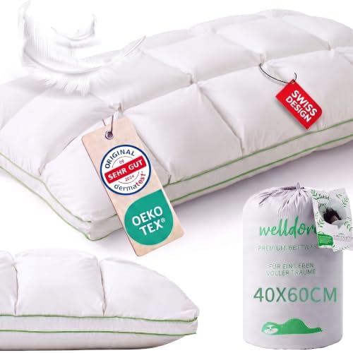 Welldora Premium Kopfkissen 40x60, 100% Daunenfasern & Federn, mittelfest | Puffwolken-Design für höchsten Komfort | Seiten- & Rückenschläfer | Oeko-Tex | Dermatest "Sehr gut" | Sc