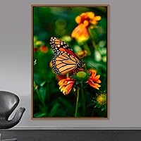 Framed Canvas Wall Art Butterfly Expressive Farmhouse/Country Home Office Insects Lake Multicolor Photography - 16x24 inches