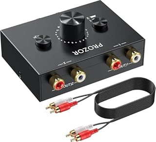 PROZOR RCA Stereo Audio Switcher - 2 in 1 Out R/L Stereo Audio Switch, 1 in 2 Out Stereo Audio Splitter with Mute Button and No External Power Required