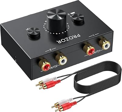 PROZOR RCA Stereo Audio Switcher - 2 in 1 Out R/L Stereo Audio Switch, 1 in 2 Out Stereo Audio Switcher Selector with Mute Button and No External Power Required (Black 2-1)