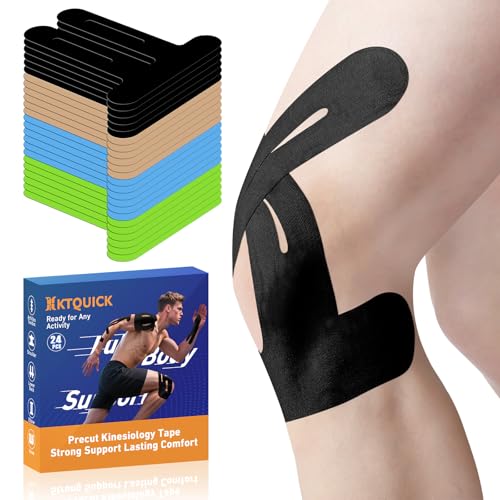 Image of PreCut Kinesiology Tape for Knees, 24PCS 4-Color Mixed Pack (Black, Beige, Blue, Green), KTQUICK Knee Tape for Knee Pain Relief Pre Cut, Original Cotton Tape, Waterproof & Hypoallergenic Latex-Free