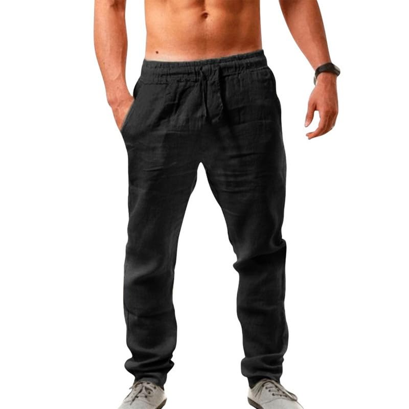 Litthing Pantaloni Lino Uomo Pantalone Cotone Estivi Casual Tasche Pants Larghi Coulisse Pant Comodi e Leggeri Spiaggia