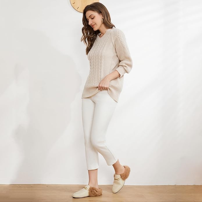 Vertundy Fur Mules with Matal Buckle Slip On Flats for Women Backless Sandals Dress Shoes Work Slides - Image 3