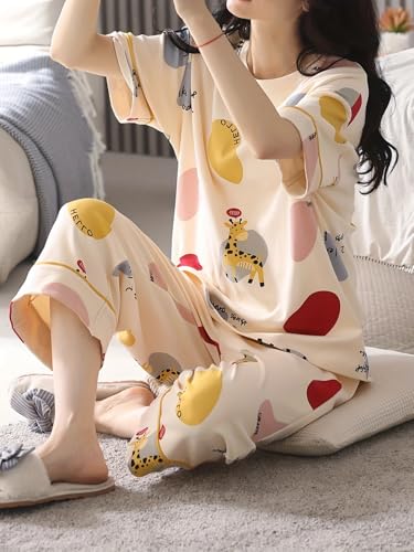 Image of Lunza Women's Cotton Pajama Set with Top & Pants|| Korean Night Suit|| Lightweight Printed Set || Soft & Comfy Sleepwear for Girls & Women