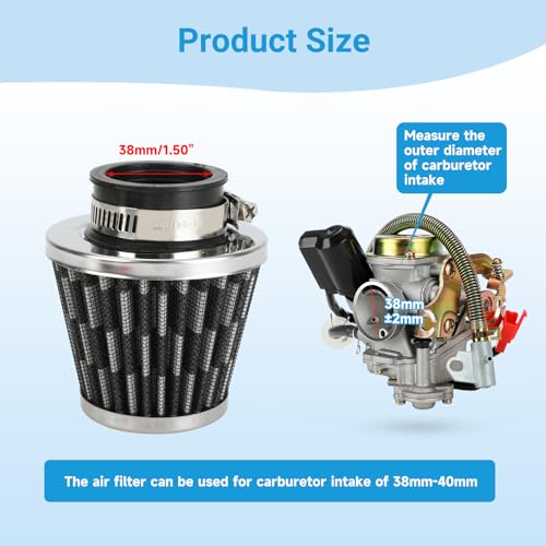 Image of EOPOAYI 38mm(1-1 /2 inch) Air Filter Compatible with GY6 139QMB 125cc 110cc 50cc Taotao Baja Jonway Roketa Loncin Scooter Moped ATV Quad 4 Wheeler Go Kart Pit Dirt Bike Parts Silver with Fuel Line