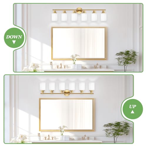 Image of 6-Light Vanity Lights, Brushed Gold Bathroom Light Fixture with Striped Textured Milky White Glass Shade, E26 Wall Sconce, Modern Vanity Lighting Fixture for Bathroom Wall Light Over Mirror
