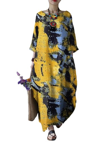 Image of Celmia Autumn Solid Loose Long Maxi Dress Cotton Caftan