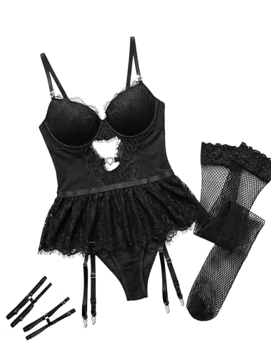 Image of Alrovetoney Women Lingerie Set Naughty Lace Bodysuit High Waisted Underwire Lingerie Babydoll With Garter Belt and Stockings