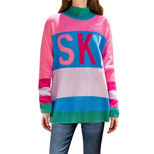 Image of Yousify Womens Sweaters Fall 2025 Oversized Color Block Ski Sweater Crewneck Winter Tops S-2XL