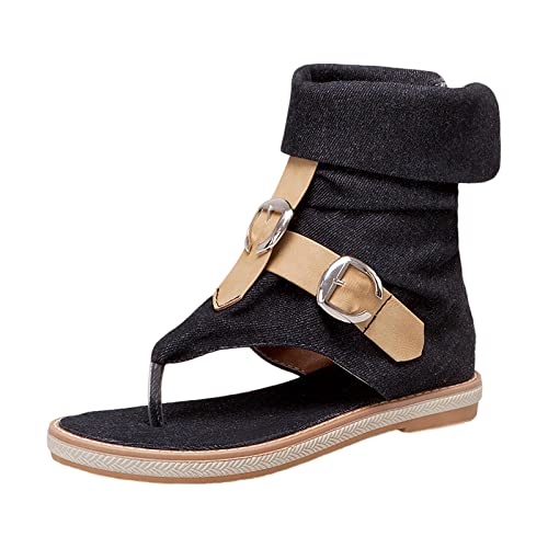 SHOBDW Chanclas Mujer Para Playa Y Piscina Sandalias De Verano Transfronterizas Comercio Exterior Hebilla Cinturón Cuero Vaquero Zapatos Con Punta Clip En Contraste Color Ortopedicos Negro 41