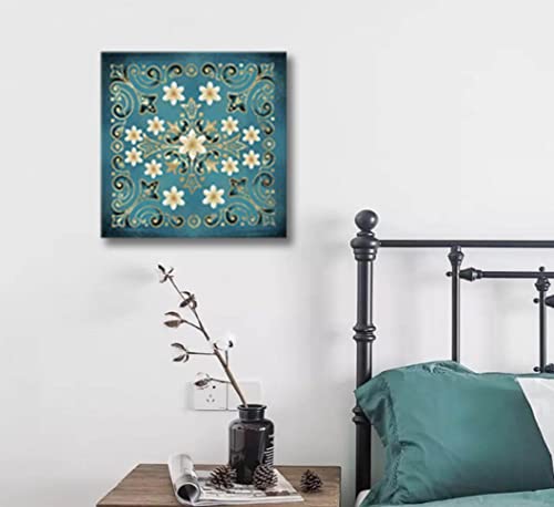 Bathroom Art Bedroom Decor Canvas Wall Art Floral Pattern Print Bathroom Abstract Picture Teal Bathroom Accessories Wall Decor Framed Artwork Wall Art Hanging On Living Room Office 14"X14"X4 Panels #TOP5