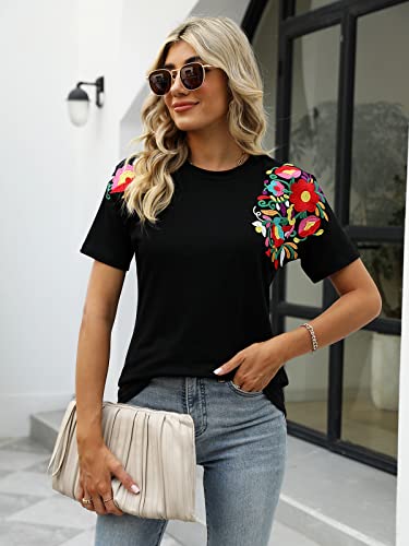 Mexican Shirts for Women Embroidered Tops Traditional Summer Blouse Women's Floral Tunic Round Neck Short Sleeve2