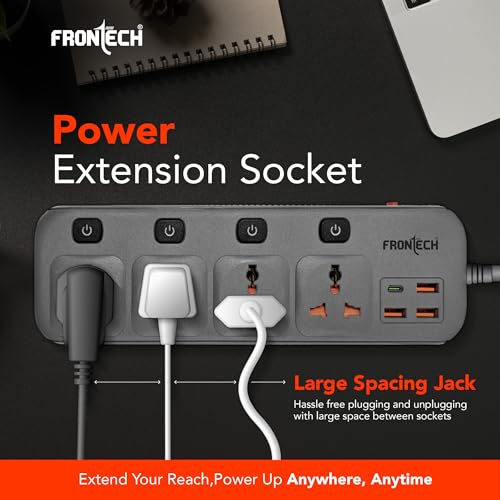 Image of FRONTECH Power Extension Socket | 2500W Heavy Duty Extension Board with 4 Universal Sockets, 3 USB-A + 1 USB-C Ports, Individual Switches, 3 Meter Copper Cable | 1 Year Warranty (FT-3566)