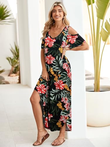 Image of BELAROI Womens Cold Shoulder Maxi Dress Plus Size V Neck Summer Sundresses with Pockets Beach Coverup Vacation Outfits