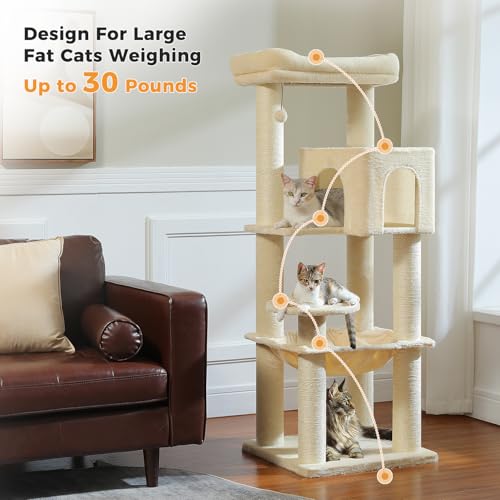 Image of MUTTROS Large Cat Tree with Reinforced Scratching Posts (φ3.7in) for Big Adult Cats 30 lbs, 57.8 inch Heavy Duty Cat Tower with Larger Hammock and Condo, Cat Furniture for Maine Coon, Plush,Beige