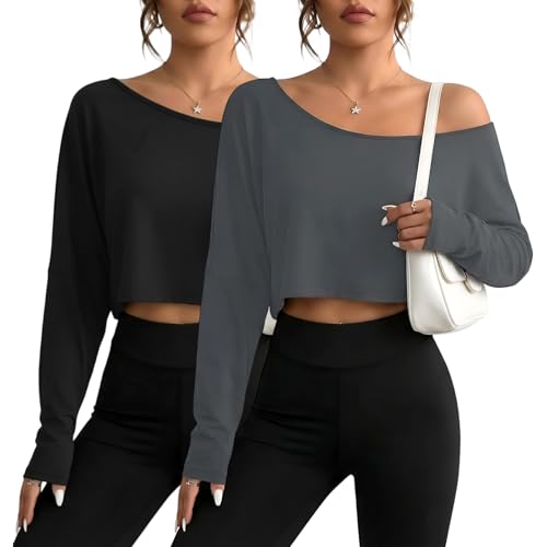 Coume 2 Pack Women's Off The Shoulder Long Sleeve Crop Tops Sexy Boat Neck Oversized Loose Casual Workout T Shirts(Black/Dark Gray,Large)