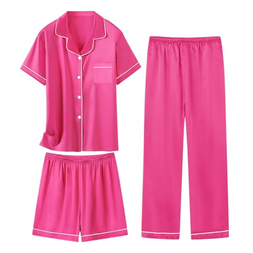 Schbbbta Satin Pajamas for Girls, Silk Pajamas 3 Pieces Button Down Sleepwear Loungewear Outfit for Girls, Hot Pink, 11-12 Years = Tag 160