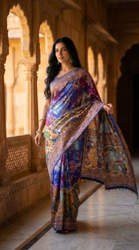 Image of Ajrakh Sarees for Women Roman Silk Ajrakh Print Saree for Woman with Mirror Work Border Pallu & Kodi Latkan with Blouse Piece Designer Ethnic Wear