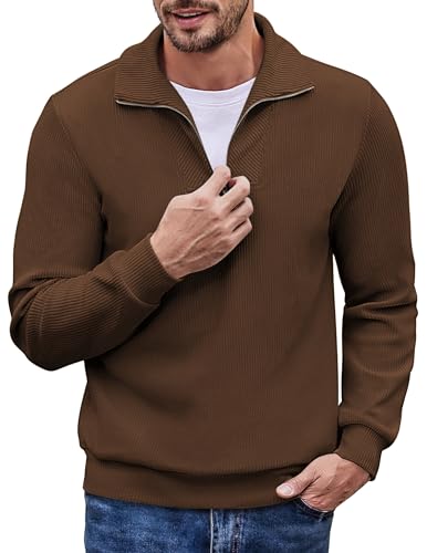 COOFANDY Men's Quarter Zip Up Pullover Mock Neck Long Sleeve Sweater Casual Corduroy Polo Sweatshirt