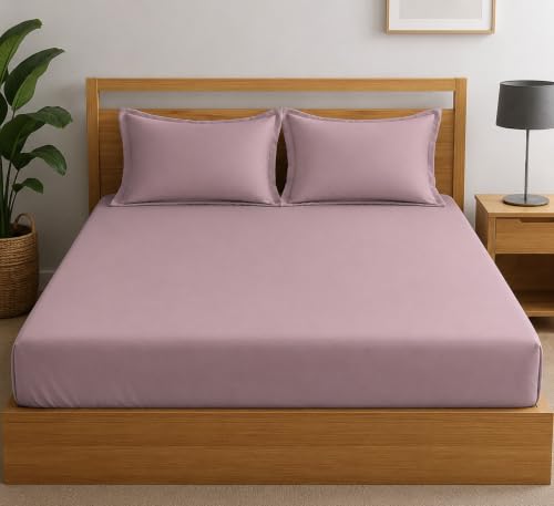 Image of RD TREND Premium Elastic Fitted Solid Bedsheet for Double Bed King Size(78x72x8 Inches) with 2 Pillow Covers Size (18x28 Inches) Color-Mauve Rose
