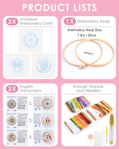 Image of TINDTOP Embroidery Kit for Adult, 3 Pack Embroidery DIY Starter Kit, with Stamped Patterns, Hoop, Tools, Colorful Threads with Needles, Instructions (Flower Cup) | with Stamped Patterns, Hoop, Tools, Colorful Threads with Needles, Instructions (Flower Cup)