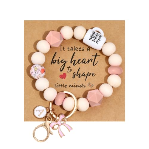 Teacher Appreciation Gifts for Women Funny Best Teacher Thank You Gifts With Card Initial A Silicone Wristlet Beaded Keychain Bracelet End of Year Graduation Music Math Daycare Teachers Gift (A)