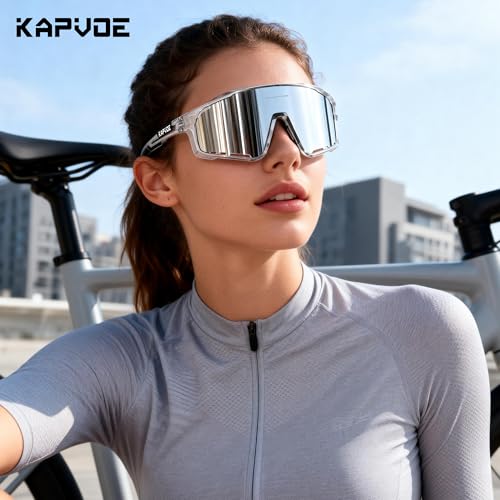 Image of KAPVOE Polarized Cycling Glasses for Men Women Mountain Bike Sunglasses MTB Glasses TR90 Sport Sunglasses UV400 Protection Biking Bicycle Riding Running Triathlon Baseball Golf Cycle Goggles Silver