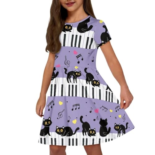 Girls' Short Sleeves Casual Summer Dresses, High Waist Swing Knee Length Long Dress, A-Line Dress for School