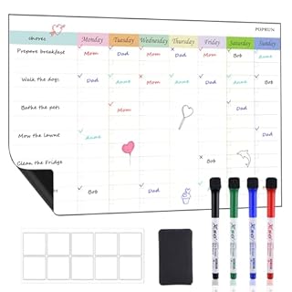 POPRUN Magnetic Weekly Family Planner Whiteboard Calendar for Fridge, Chore Chart for Kids and Family, Chores Board, Dry Wipe Clean Weekly Menu Memo Board, To Do List Board Monday to Sunday, 43 x 28cm