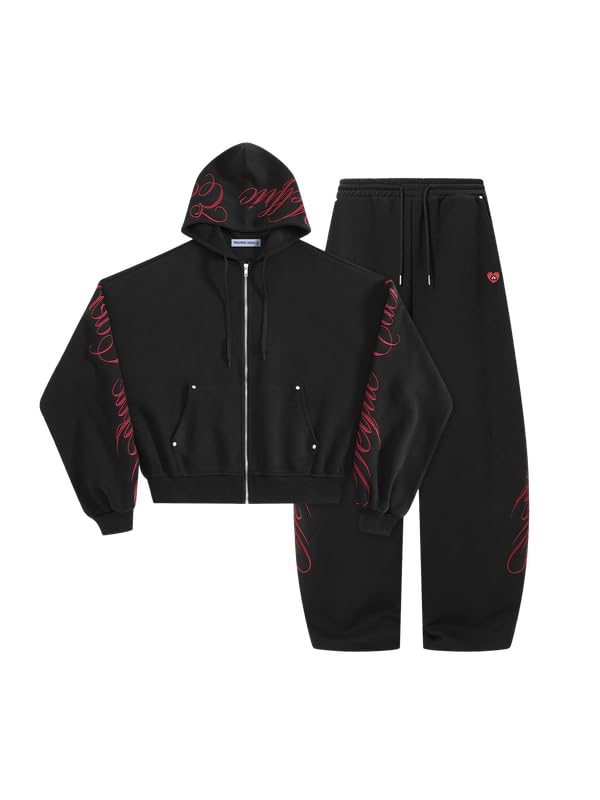 Aelfric Eden Męski dres treningowy, baggy, damski, oversize, haft, boks, strój rekreacyjny, uniseks, strój domowy, strój sportowy, z zamkiem błyskawicznym, zestaw ze spodniami do biegania, strój