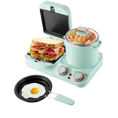 4 in 1 Breakfast Station Sandwich Maker with Removable and Nonstick Frying Pan, Boiling Pot, Food Steamer, 110V Electric Retro Mini Household Breakfast Machine Toaster for Waffle Egg Bacon Noodles