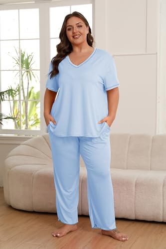 Image of Vozanet Women's Plus Size Pajama Sets Short Sleeve Long Pants Solid Color with Piping Trim Elegant Loungewear Cozy Sleepwear