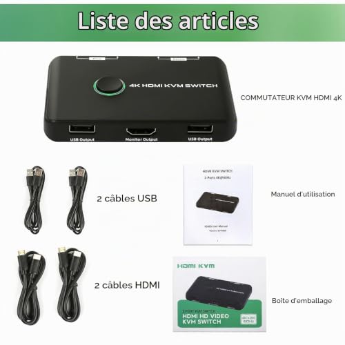 4K@60Hz Commutateur KVM Switch HDMI 2 Port, Switch KVM pour brancher 2 PC sur 1 écran & 2 périphériques USB, avec 2 câbles USB et 2 câbles HDMI – vue 6