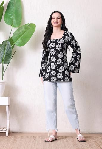 Image of MEERA FAB Women's Floral Printed Cotton Short Kurta | Floral Printed Kurta with Full Sleeves | Short Kurti for Women
