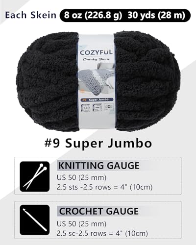 Image of Cozyful Chunky Yarn for Hand Knitting, #9 Thick Jumbo Big Chunky Yarn for Crocheting, Super Chunky Knit Blanket Yarns, Large Chunky Chenille Yarns, 8 Pack (30 yds 8 oz Each Skein), Black