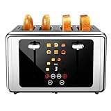 WUNLY 4 Slice Toaster,Touchscreen & Dual Independent Control Panel,5 Basic Functions & Digital Countdown Toasters,6 Shade Settings＆6 Bread Types,Smart Bread Maker Mute/Screen-Off, Stainless Steel