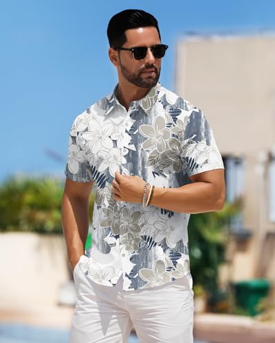 BOJIN Men's Hawaiian Tropical Floral Wrinkle Free Aloha Summer Beach Vacation Short Sleeve Button Down Casual Shirt2