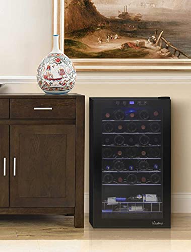 Image of Vinotemp 34 Bottle Wine Cooler Refrigerator, Freestanding Wine Fridge with Touch Screen Adjustable Temperature Control, Dual-Paned Glass Door, and Safety Lock, 34 Bottle, Black