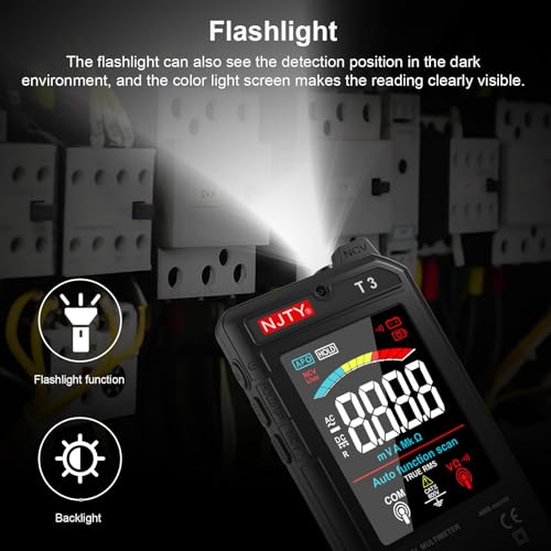 Image of NJTY T3 Smart Digital Multimeter, Ultra-Thin Rechargeable Voltmeter with 3.2 inch Color LCD, Auto-Ranging 600V AC /DC Tester for Resistance NCV Live Wire Detection