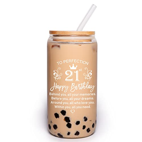 21St Birthday Gifts For Her, Happy 21St Birthday Decorations For Her, Funny 21 Year Old Birthday Gift Ideas For Her, Friends, Sister, Daughter - 16 Oz Can Shaped Glass Cups With Lids And Straws #TOP4