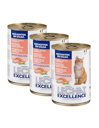 Lechat Excellence Bocaditos en Salsa para Gatos Adultos, con Salmón, Trucha y Verduras, Pack de 3 Latas de 400g