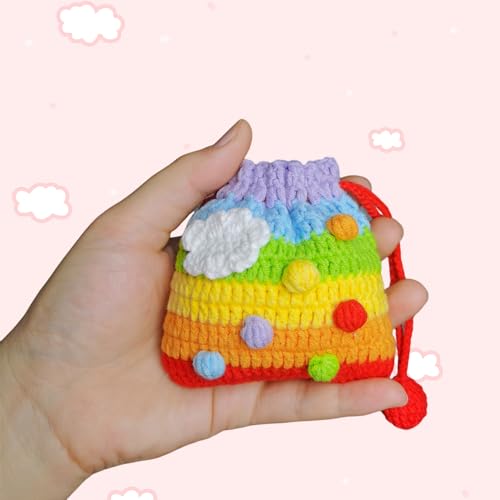 Small Crochet Purse 100% Handmade Knitted Storage Bag Cute Funny Kawaii Coin Change Purse Pouch Mini Cartoon Shark Funny Plush Drawstring Headphone Wallet for Women Girls Gift(Rainbow)2