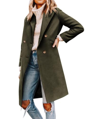 Image of Yousify Wool Coats for Women Notched Lapel Double Breasted Mid Long Pea Coats Long Sleeve Jackets 2026 Army Green X-Large