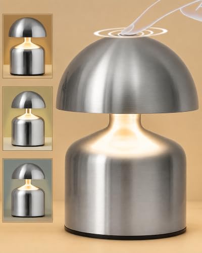 Image of Homesake Table Lamp Portable Lamps for Bedroom, Night Lamp, Table Lamp for Bedroom & Living Room, Bedside Lamp, Dimming, 3 Colour Touch Control, Wireless Charging, Metal Mushroom, Nickel Gold
