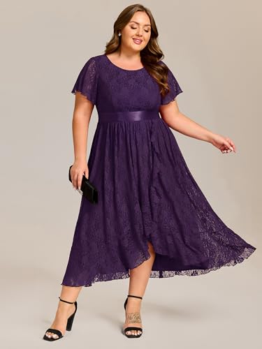 Image of Ever-Pretty Plus Women's Lace Round Neck Short Sleeves High Low Plus Size Midi Cocktail Wedding Guest Dresses Deep Purple US14