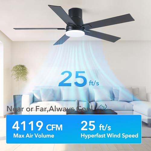 Image of Rayqueen 52 Inch Flush Mount Black Ceiling Fans with Lights and Remote
