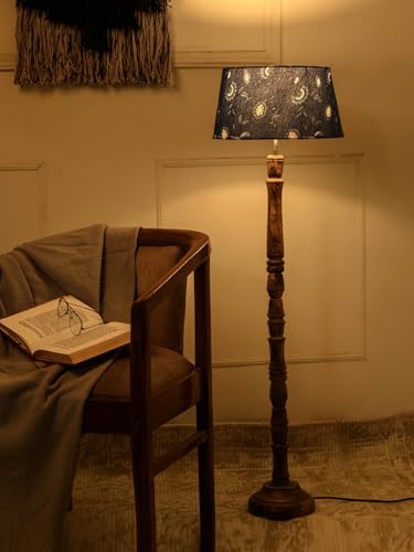 Image of Green Girgit Brown Color Small Wooden Floor Lamp with Taper Blue Creeper Multicolor Lamp Shade, Traditional Turned Column Base, Standing Light for Living Room (LED Bulb Included)