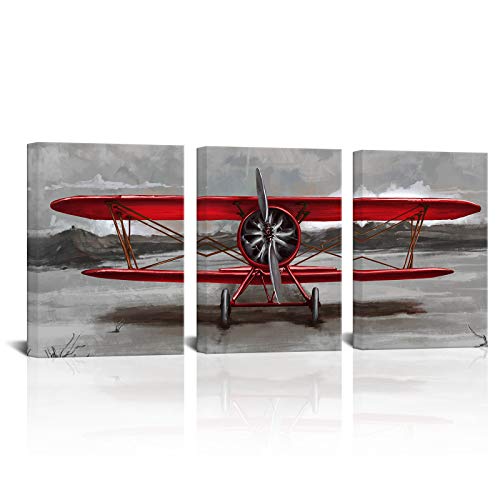 Skenoart 3 Piece Vintage Airplane Canvas Wall Art Red Jet Paintings Aircraft Pictures Red And Gray Aviation Posters Print For Living Room Bedroom Bathroom Wall Decor Office Home Wall Decorations 12"X16"X3Pcs cover