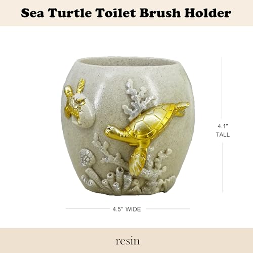 Image of 5 Inch Turtle Toilet Brush Holder, Gold Ocean Bathroom Decor | Resin mother & baby turtle brush, coastal bathroom organizer, ocean theme decor