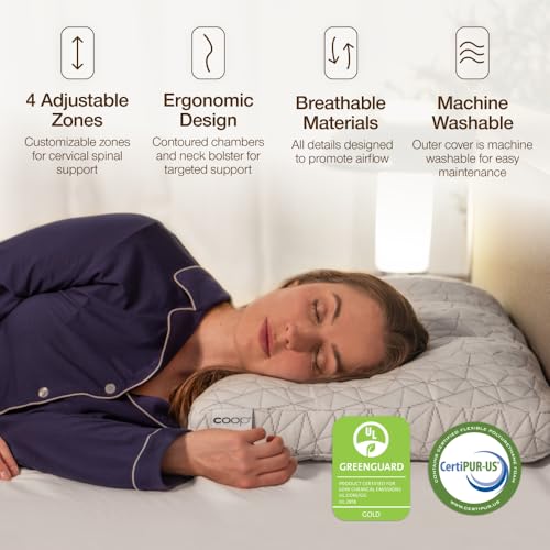 Image of Coop Home Goods Adjustable Orthopedic Pillow Queen, Ergonomic Cervical Neck Support, Memory Foam Pillows for Side & Back Sleepers, Breathable, Washable Cover, GREENGUARD & CertiPUR-US Certified